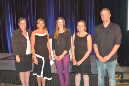 Scholarship winners: L-R Elaine Elaine McKnight, Deputy Minister of BC MEM, Wendy Gardner of TRU and students, Katie McMahon , Marika and Paul Antonelli 